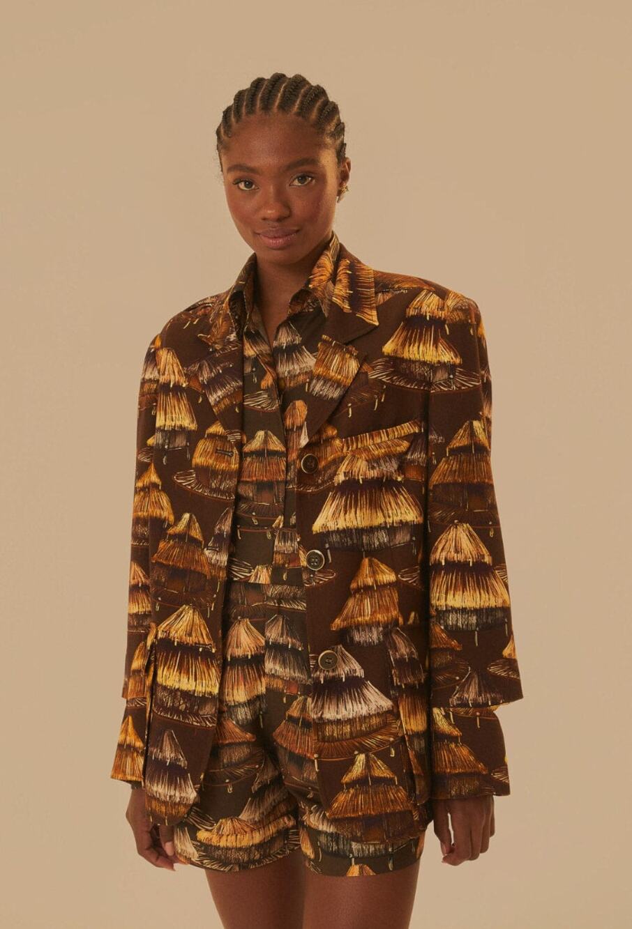 Farm Rio Shuhu Brown Cutout Single-breasted Long Sleeve Blazer Jacket, size L